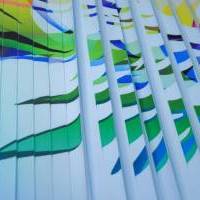 Machine pleating + printing on blue fabric